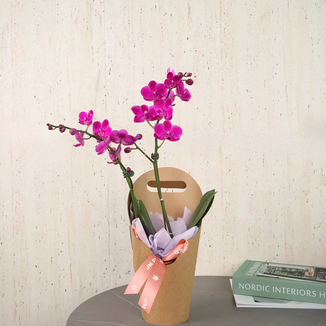 Pink artificial flower in vase.