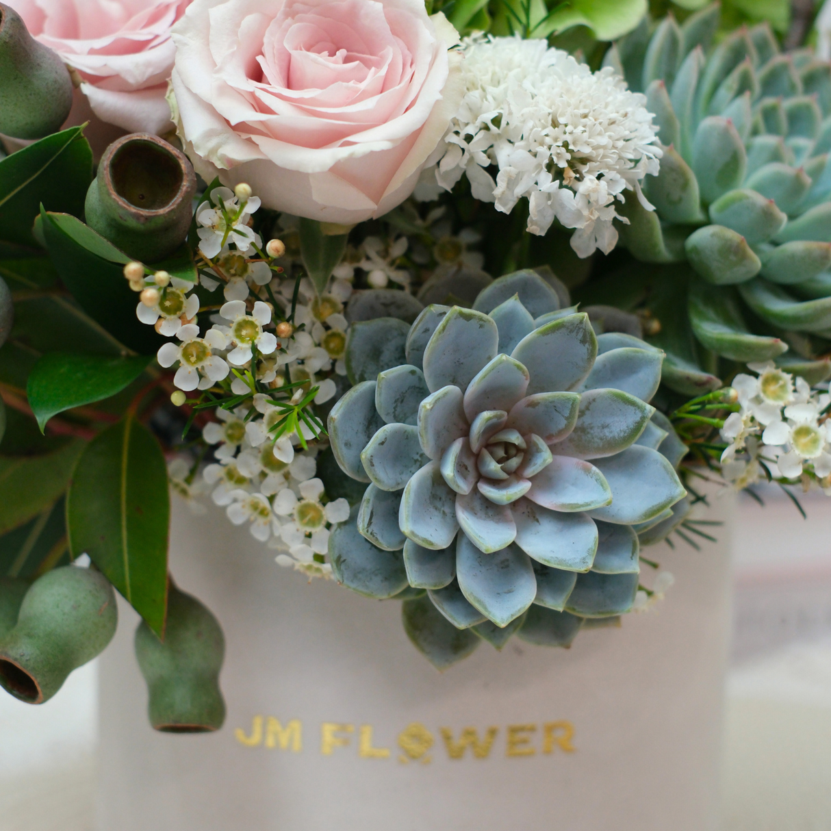 Floral Reverie (Roses, Echeveria Succulent, Hydrangea) - Table Flower Arrangement