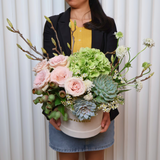 Floral Reverie (Roses, Echeveria Succulent, Hydrangea) - Table Flower Arrangement