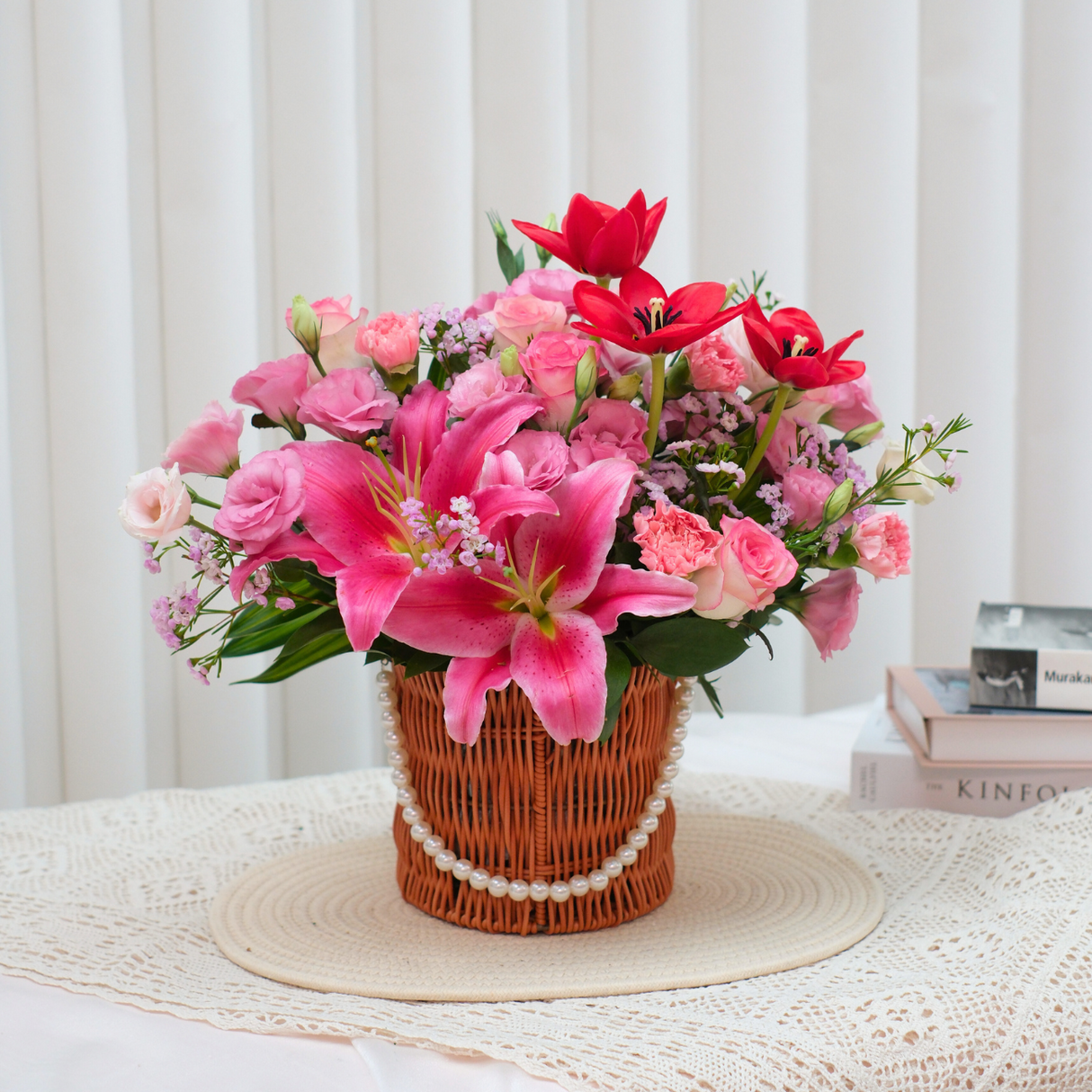 Pearl Blossom (Roses, Tulip, Eustoma) - Flower Basket