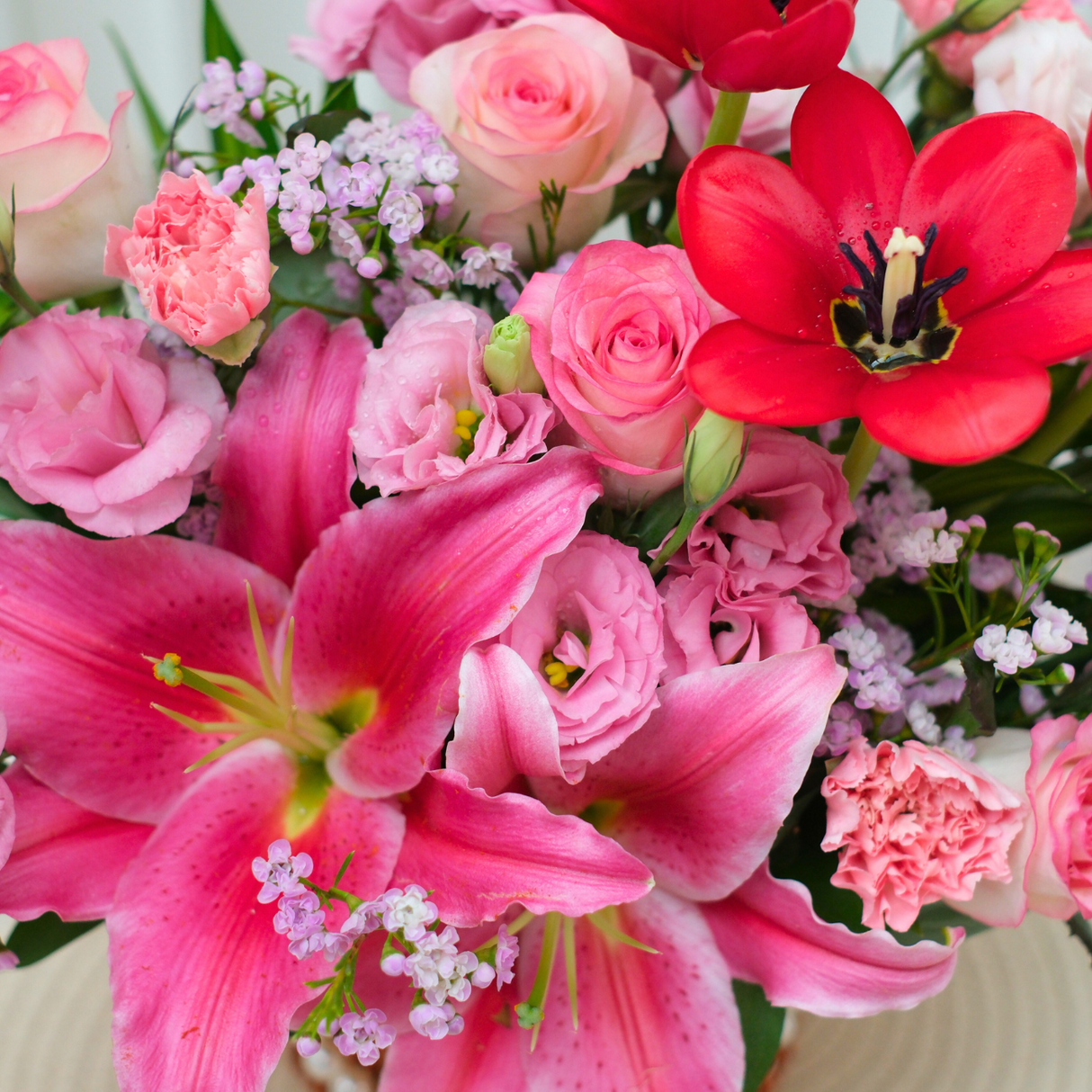 Pearl Blossom (Roses, Tulip, Eustoma) - Flower Basket