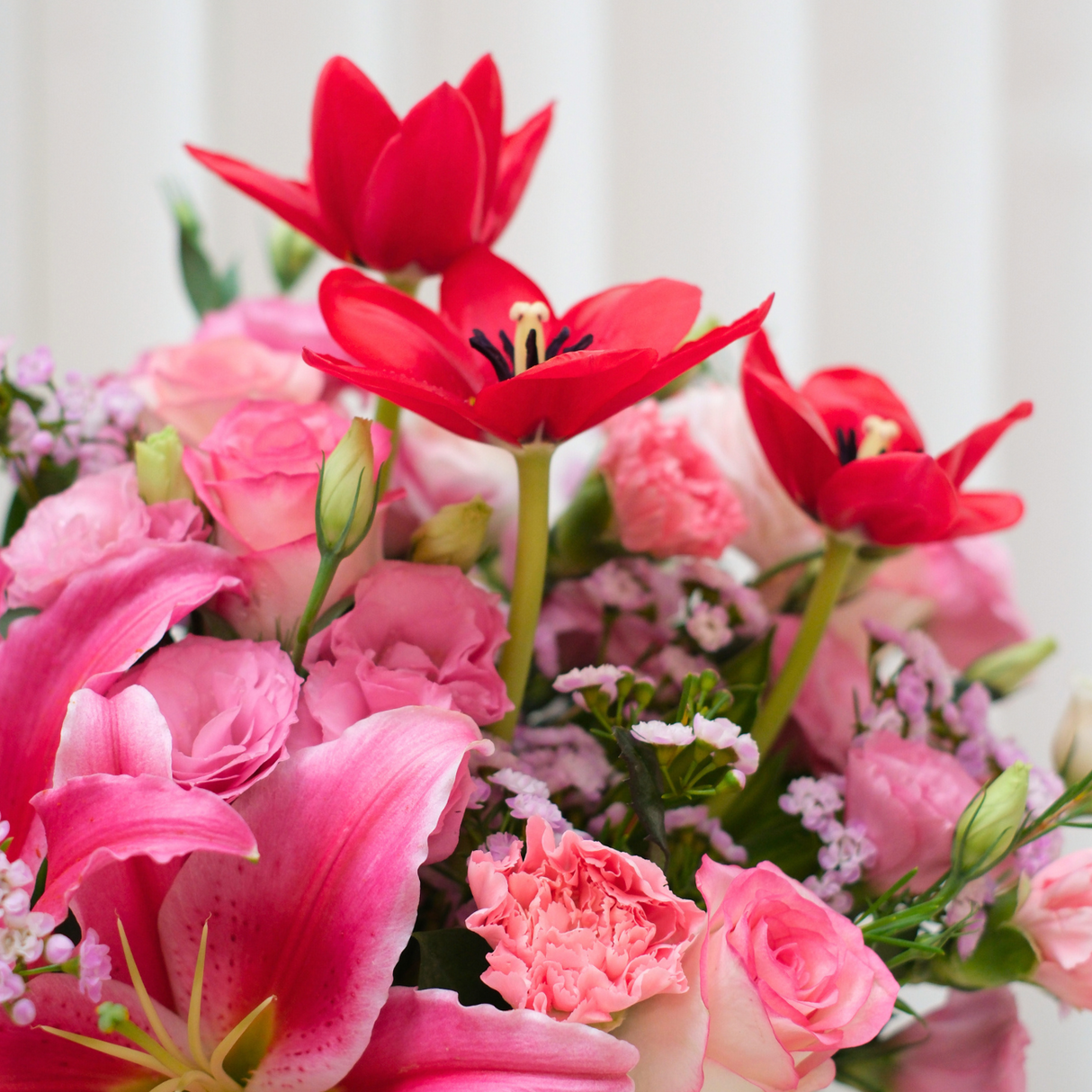 Pearl Blossom (Roses, Tulip, Eustoma) - Flower Basket