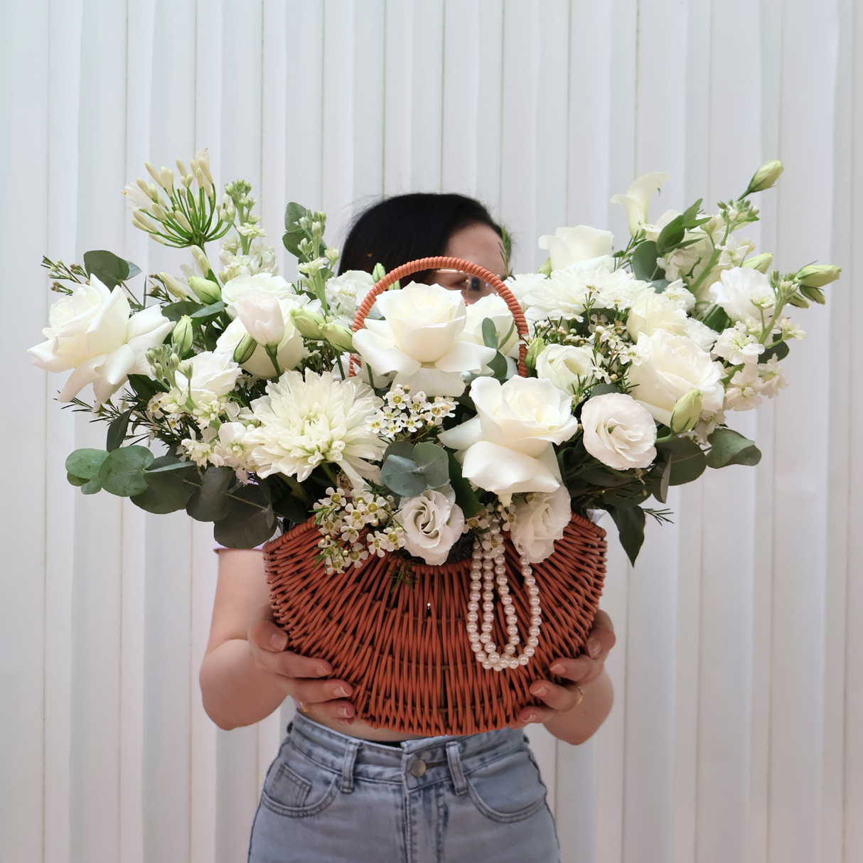 Pure Elegance (Freesia, Eustoma, Calla Lily) - Flower Basket