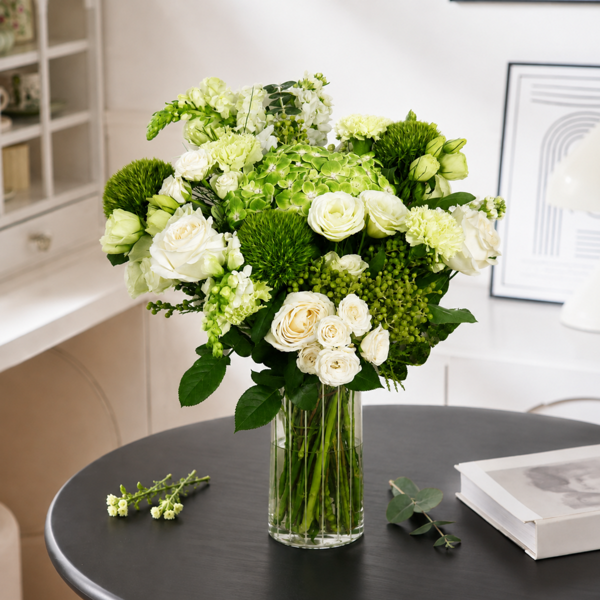 Green Meadow (Hydrangea, Mattiola, Rose)  - Vase Arrangement
