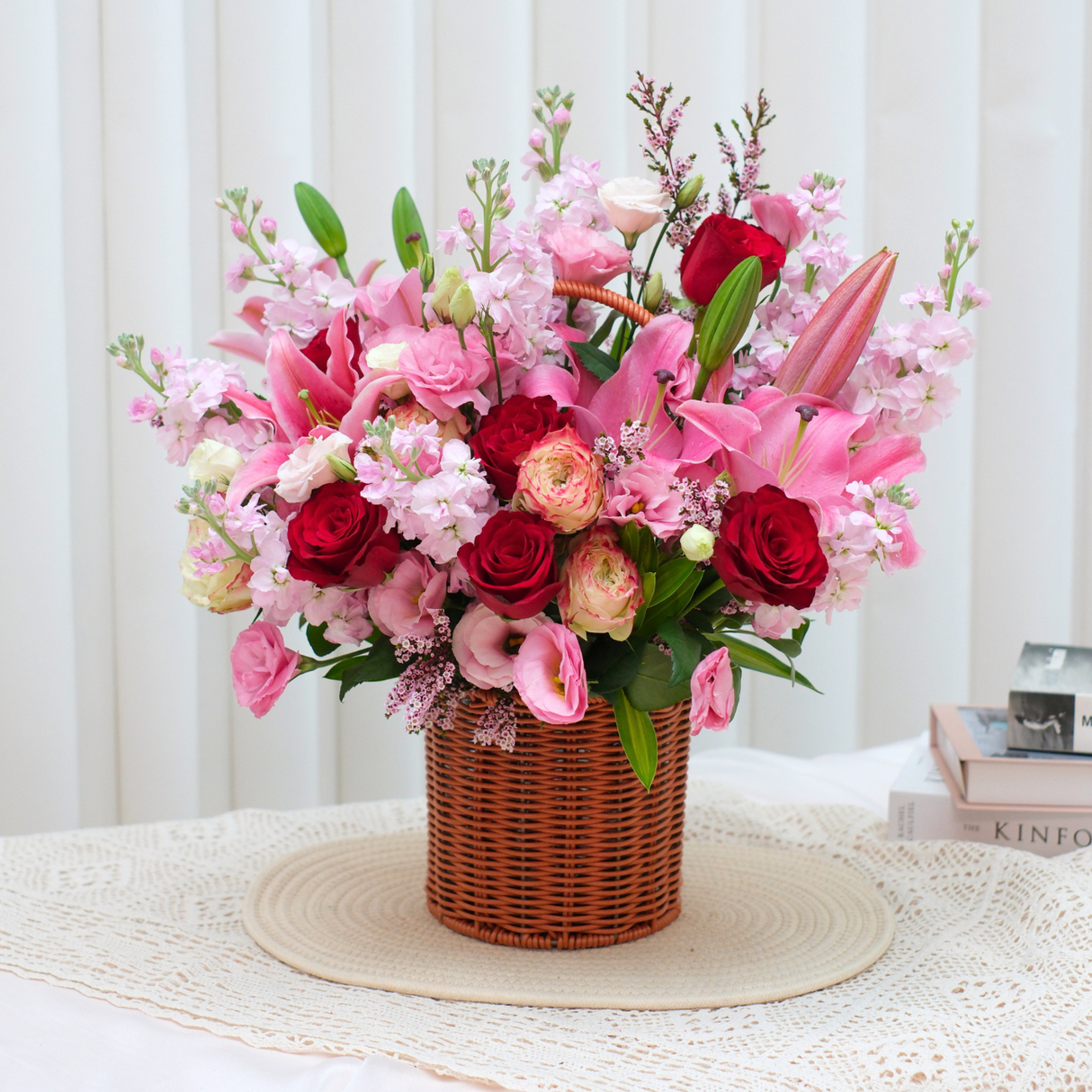 Tropical Romance (Mattiola, Lily, Roses) - Flower Basket