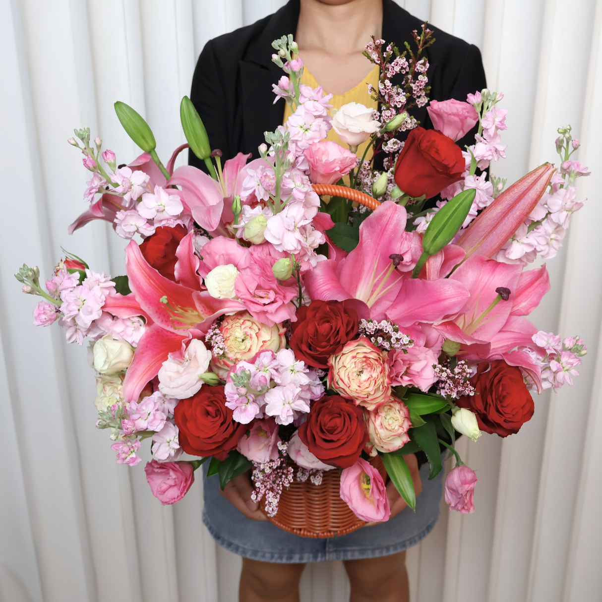 Tropical Romance (Mattiola, Lily, Roses) - Flower Basket