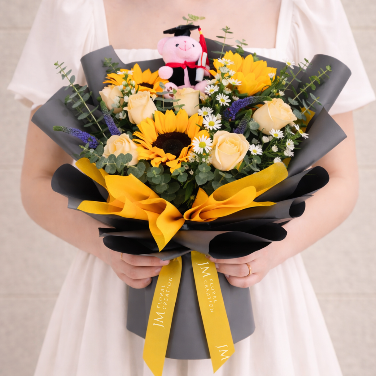 Bright future (3 Sunflower, 6 Roses) - Flower Bouquet