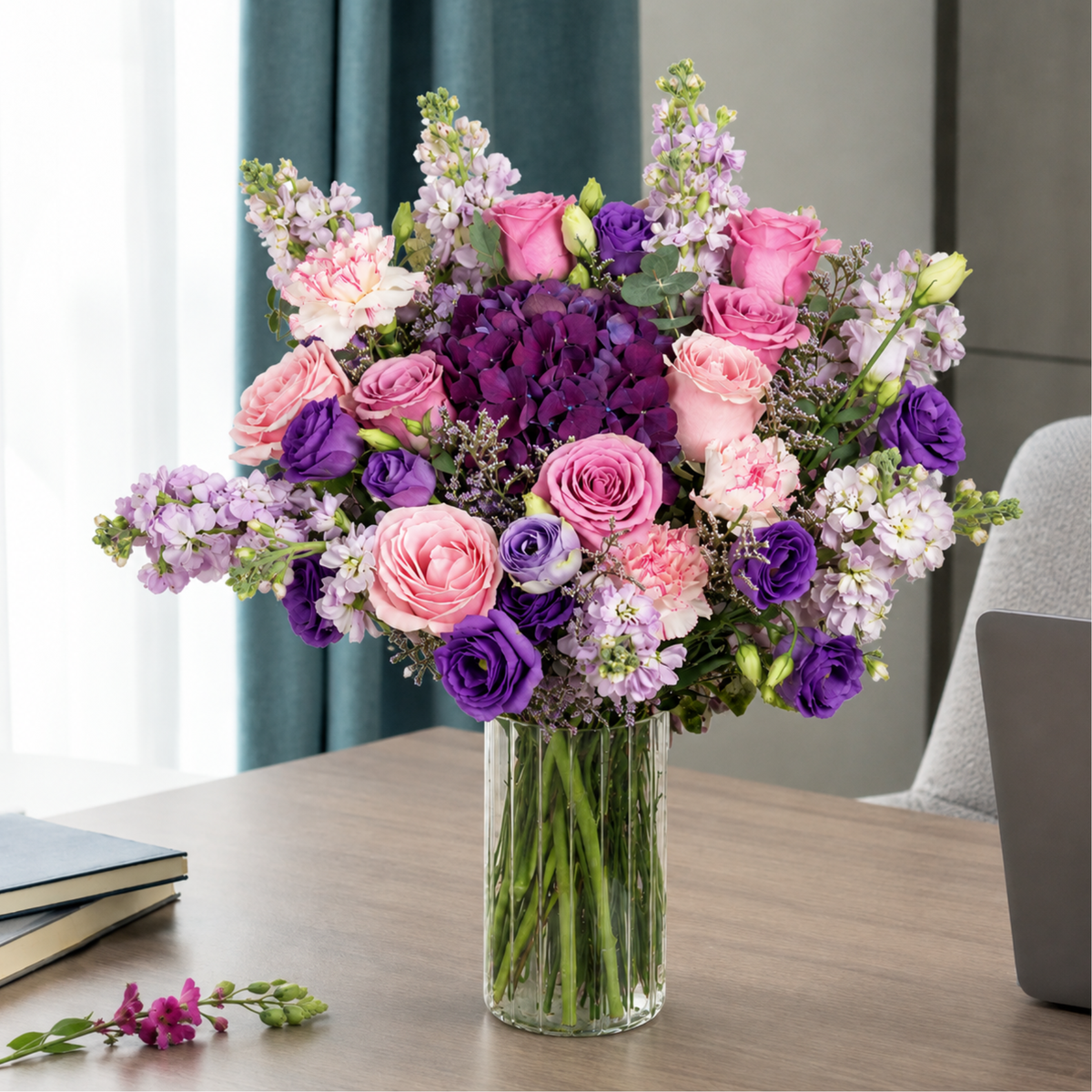 Lilac Breeze (Hydrangea, Mattiola, Roses) - Vase Arrangement