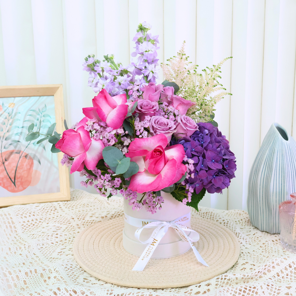 Violet Bliss (3 Mattiola, 3 Roses, 1 Hydrangea) - Table Flower Arrangement