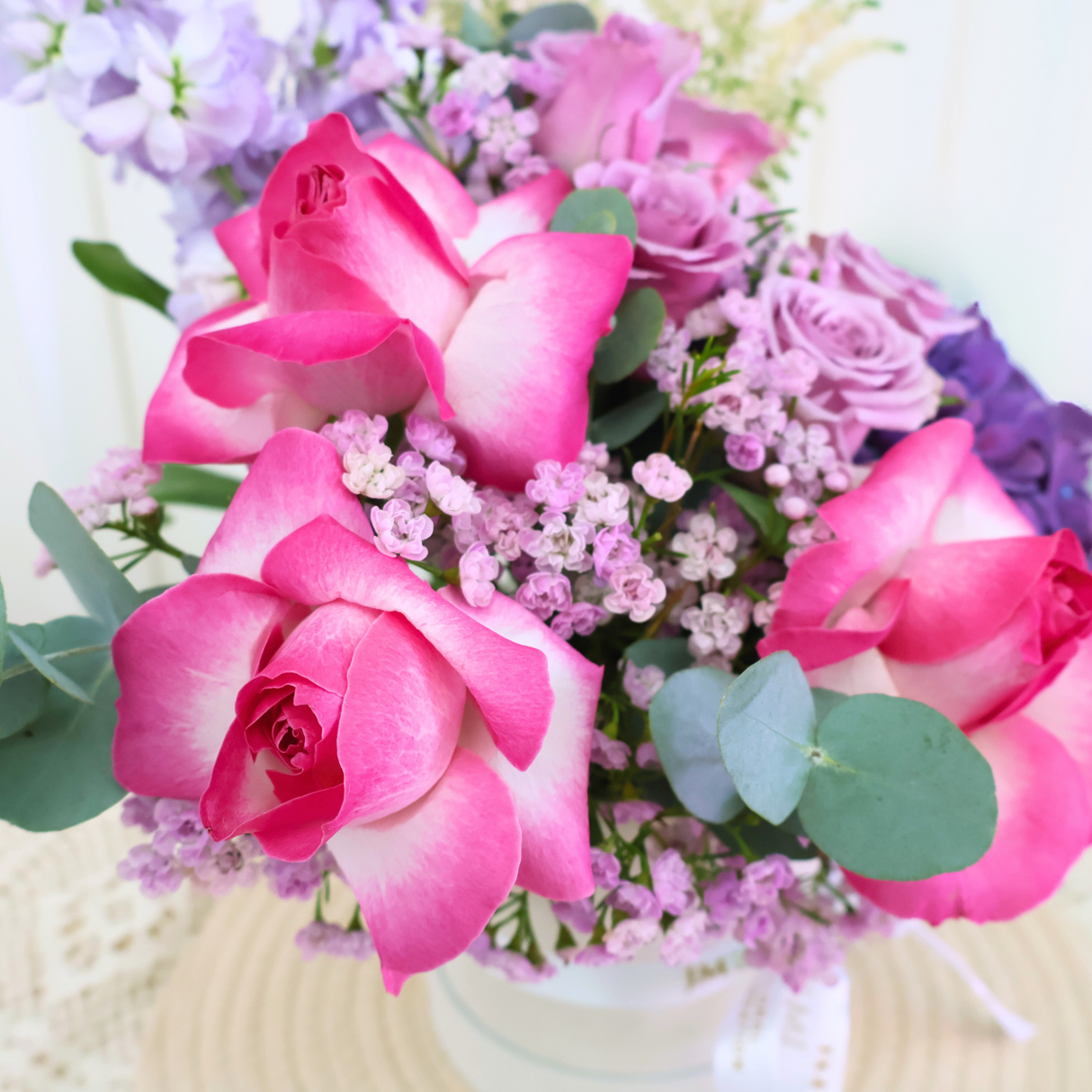 Violet Bliss (3 Mattiola, 3 Roses, 1 Hydrangea) - Table Flower Arrangement