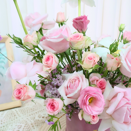 Pink Elegance (8 Roses, 3 Rose Spray, 3 Eustoma) - Table Flower Arrangement