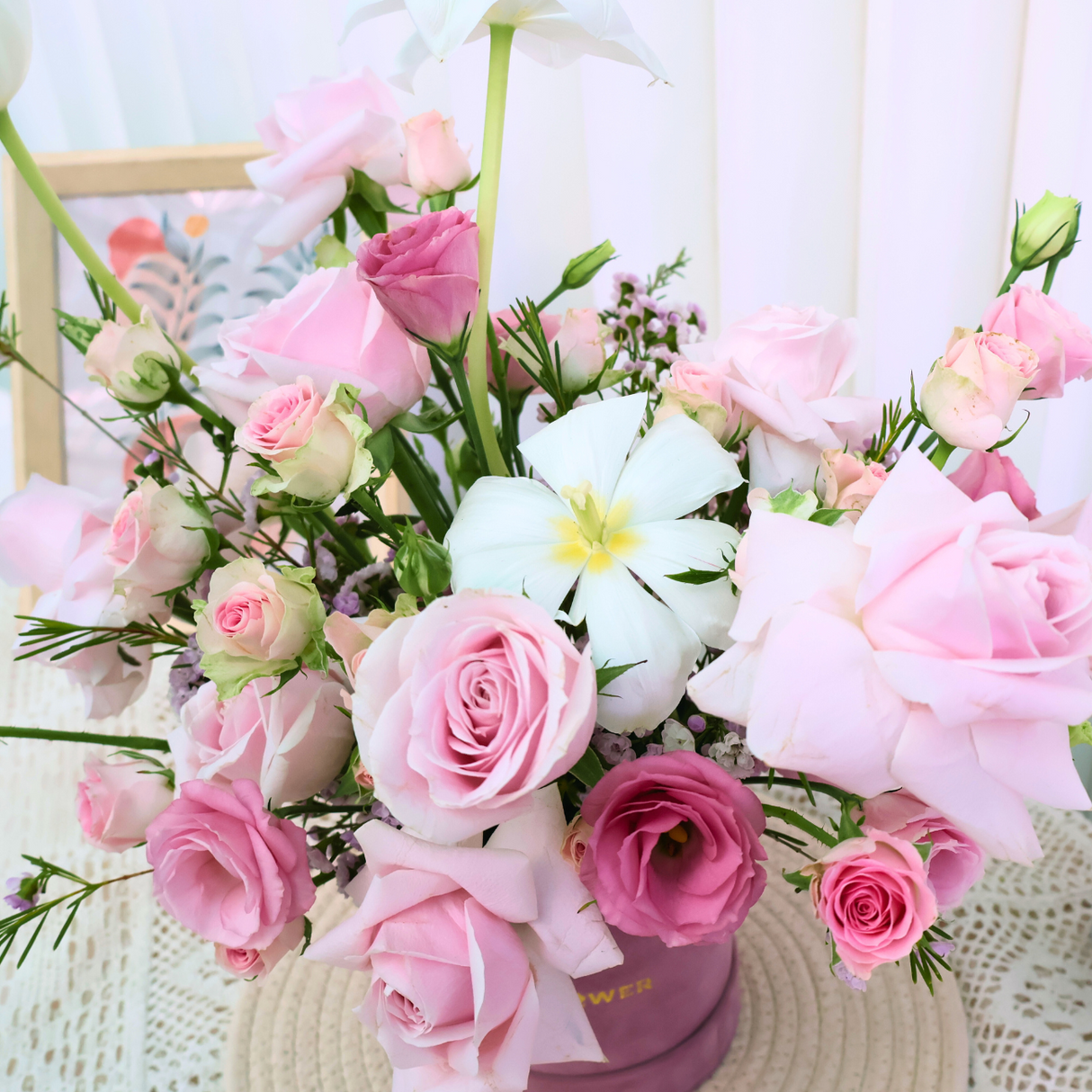 Pink Elegance (8 Roses, 3 Rose Spray, 3 Eustoma) - Table Flower Arrangement