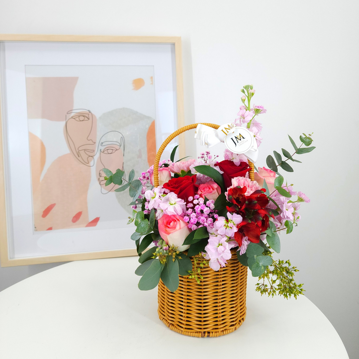 alba Roses and Carnations Korean-Style Basket Arrangement Birthday Flower Bouquet Singapore