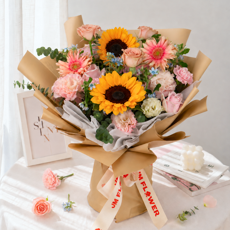 Amara (2 Sunflower, 6 Roses) - Flower Bouquet