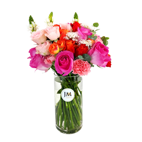 andrea Orange Roses, Yellow & Pink Carnations Vase Arrangement Birthday Flower Bouquet Singapore
