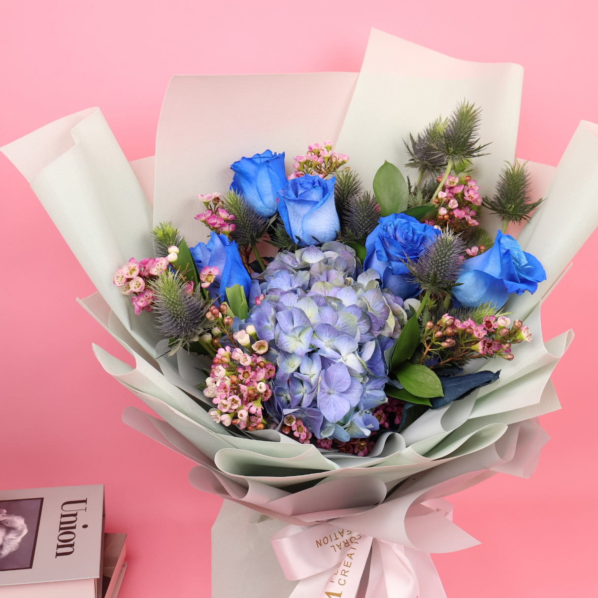 Blue Embrace (5 Premium Roses, Hydrangea) - Valentine Flower Bouquet