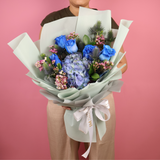 Blue Embrace (5 Premium Roses, Hydrangea) - Valentine Flower Bouquet