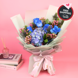 Blue Embrace (5 Premium Roses, Hydrangea) - Valentine Flower Bouquet