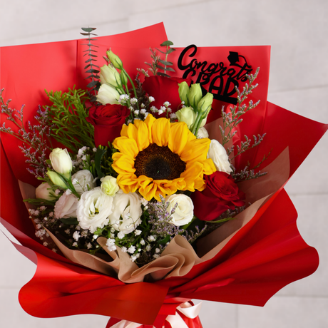 Bold Success (1 Sunflower, 3 Roses) - Flower Bouquet