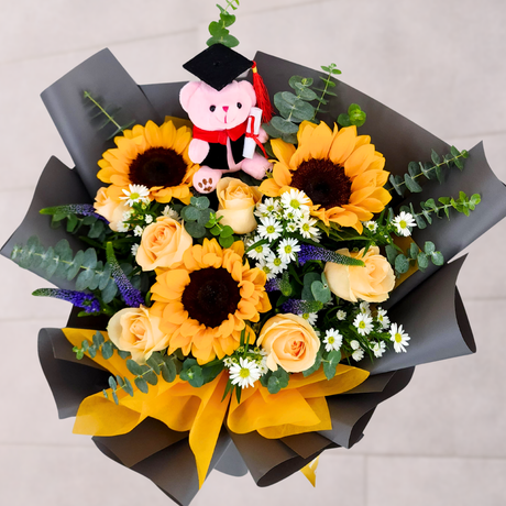 Bright future (3 Sunflower, 6 Roses) - Flower Bouquet