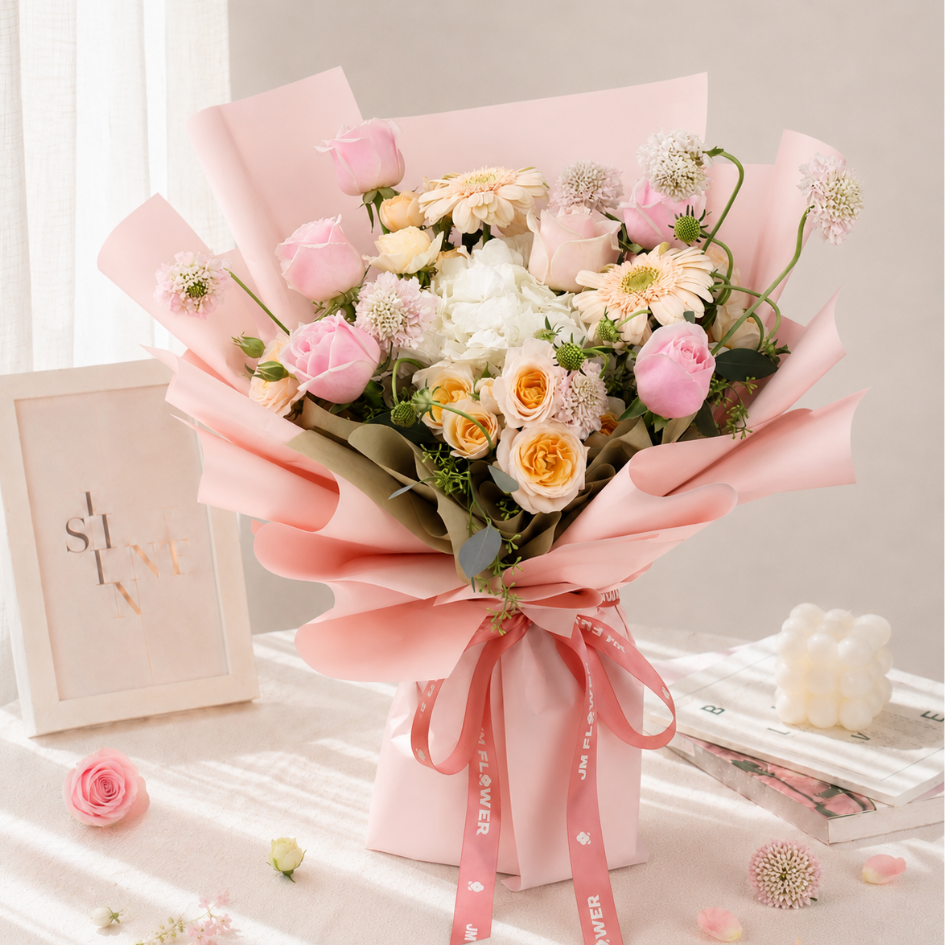 Cecilia (1 Hydrangea, 6 Roses) - Flower Bouquet