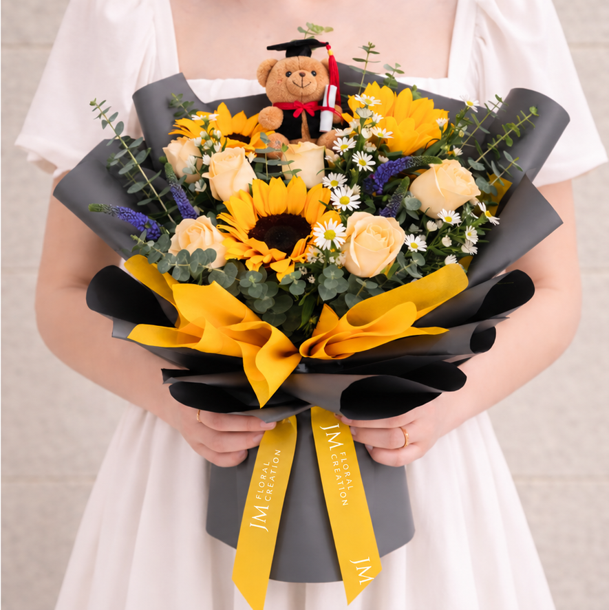 Bright future (3 Sunflower, 6 Roses) - Flower Bouquet