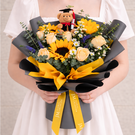 Bright future (3 Sunflower, 6 Roses) - Flower Bouquet