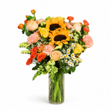Citrus Burst (2 Sunflowers, 5 Roses) - Vase Arrangement