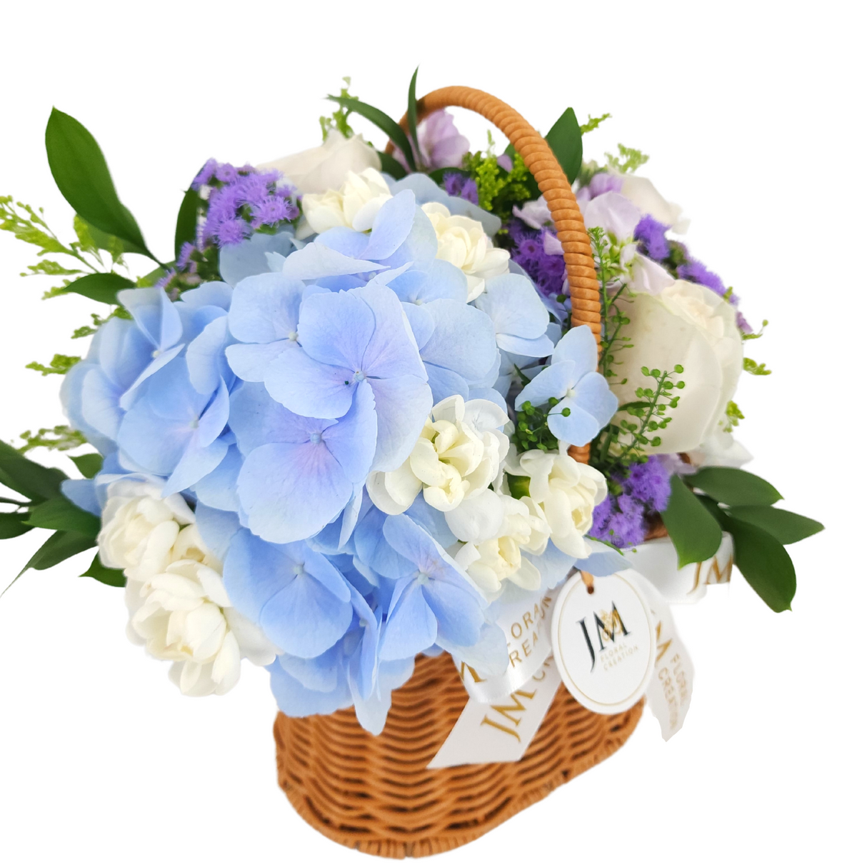 delfina White Roses & Blue Hydrangeas Korean-Style Basket Arrangement Birthday Flower Bouquet Singapore