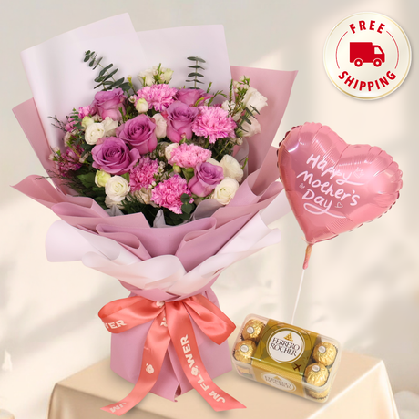 Floral Grace (6 Roses, 5 Carnations, 5 Eustomas) - Mother's Day Bouquet