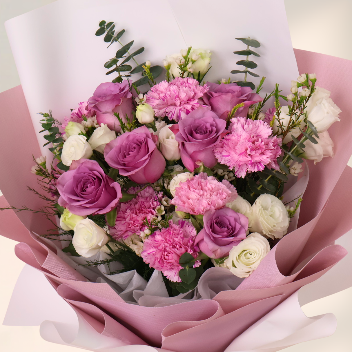 Floral Grace (6 Roses, 5 Carnations, 5 Eustomas) - Flower Bouquet
