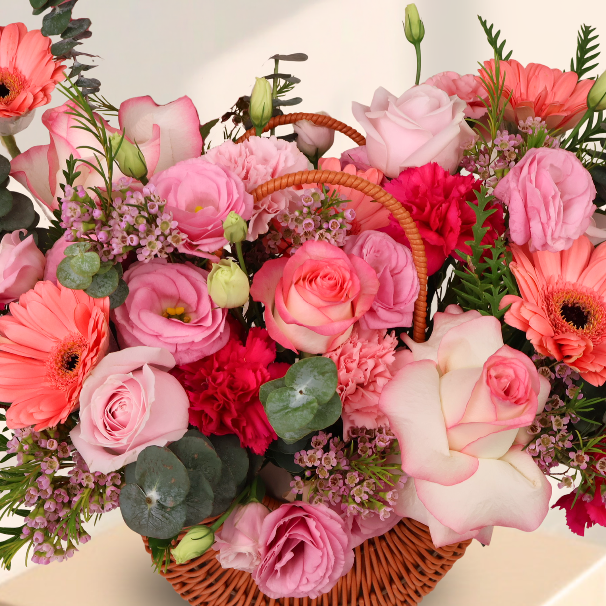 Gentle Love (Rose, Carnation, Gerbera, Eustoma) - Flower Basket