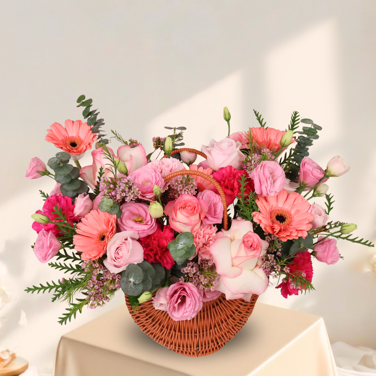Gentle Love (Rose, Carnation, Gerbera, Eustoma) - Flower Basket
