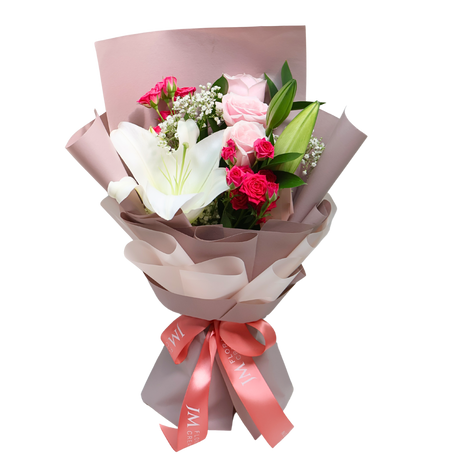 Grace Honor (1 Lily, 3 Roses) - Flower Bouquet