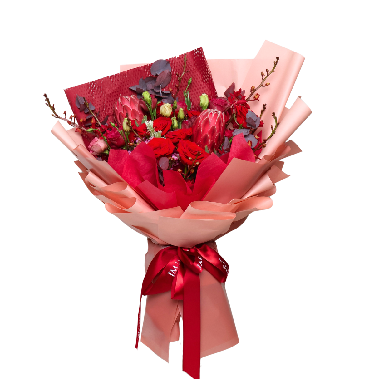 Crimson Charm (10 Roses, 5 Eustoma, 2 Protea Pink) - Flower Bouquet