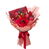 Crimson Charm (10 Roses, 5 Eustoma, 2 Protea Pink) - Flower Bouquet