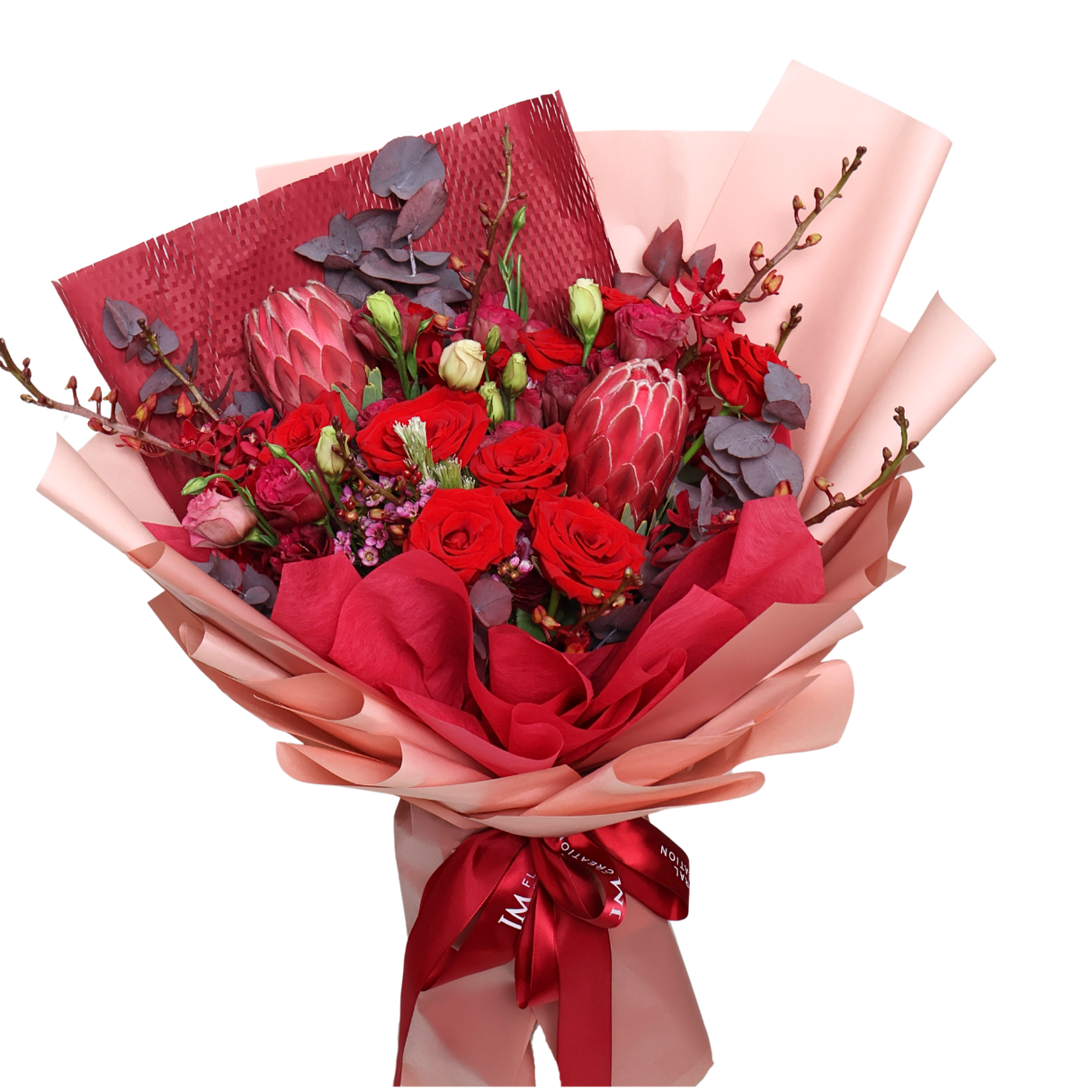 Crimson Charm (10 Roses, 5 Eustoma, 2 Protea Pink) - Flower Bouquet