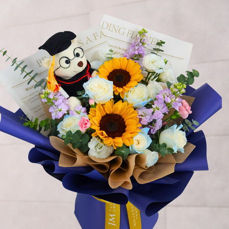 Milestone Memories (2 Sunflower, 5 Roses) - Flower Bouquet