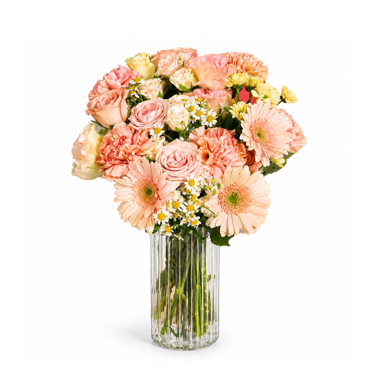 Peach Paradise (5 Roses, 3 Gerberas) - Vase Arrangement