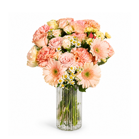 Peach Paradise (5 Roses, 3 Gerberas) - Vase Arrangement