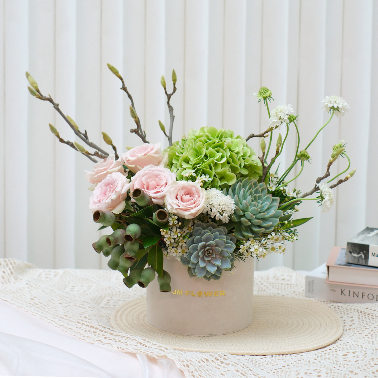 Floral Reverie (Roses, Echeveria Succulent, Hydrangea) - Table Flower Arrangement