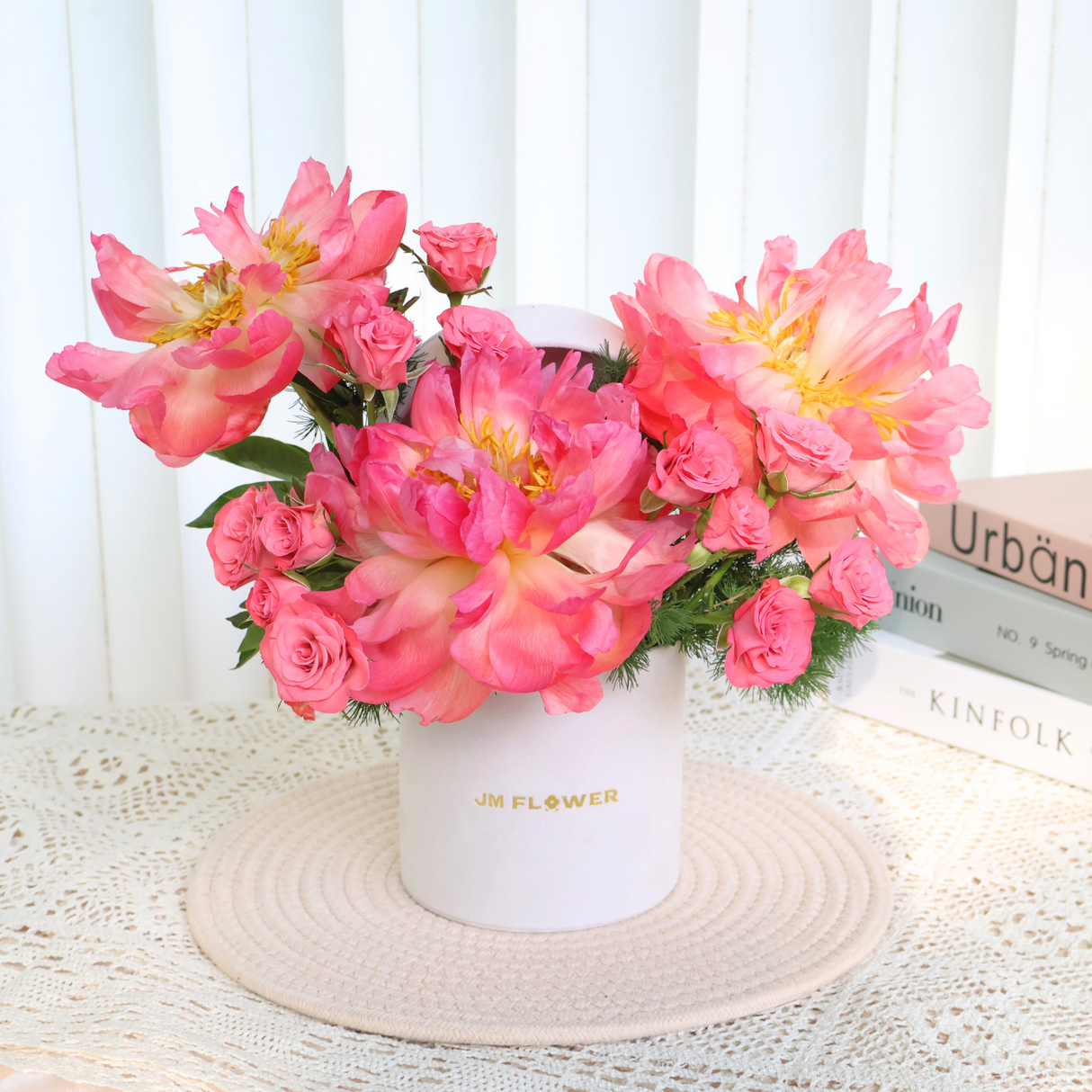 Floral Glow (3 Peonies, 3 Rose Spray) - Table Flower Arrangement