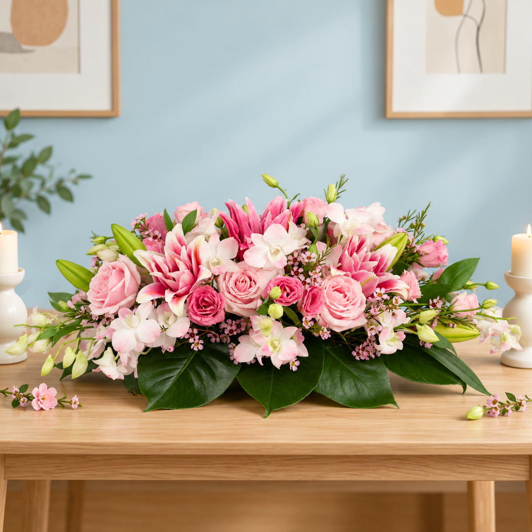 Blushing Harmony (Roses, Lily) - Table Arrangement
