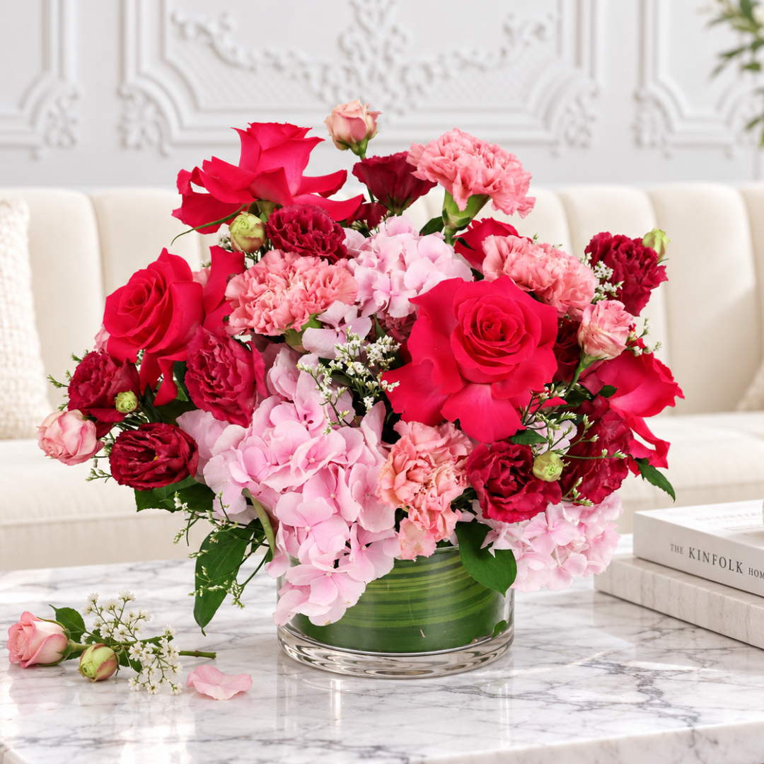 Crimson Love (Roses, Hydrangea) - Table Arrangement
