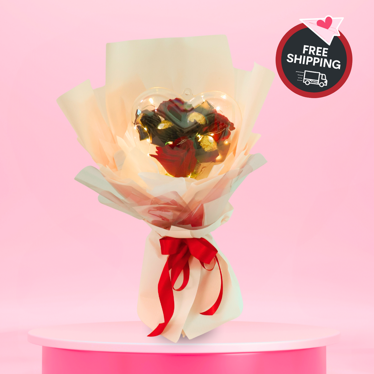 Ferrero Heartbeat (3 Roses, 5 Ferrero) - Valentine Flower Chocolate Bouquet