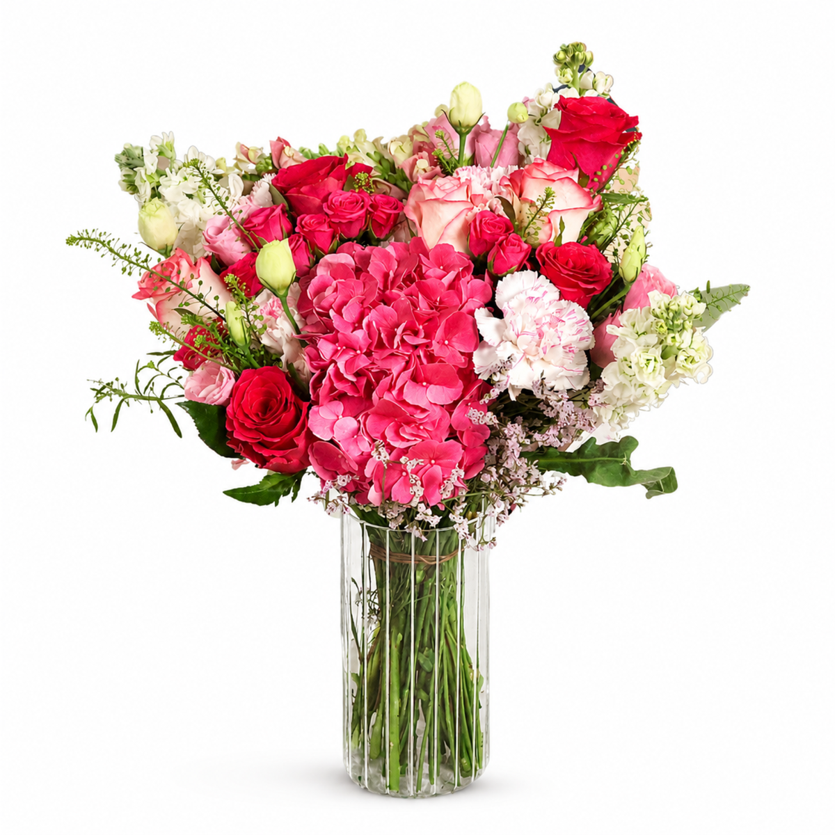 Raspberry Crush (Hydrangea, Mattiola, Roses) - Vase Arrangement