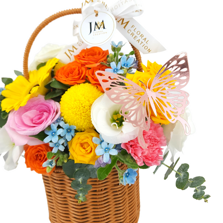 sunshine Roses & Carnation Korean-Style Basket Arrangement Birthday Flower Bouquet Singapore