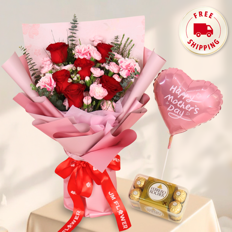 Tender Grace (6 Roses, 3 Carnations) - Mother's Day Bouquet