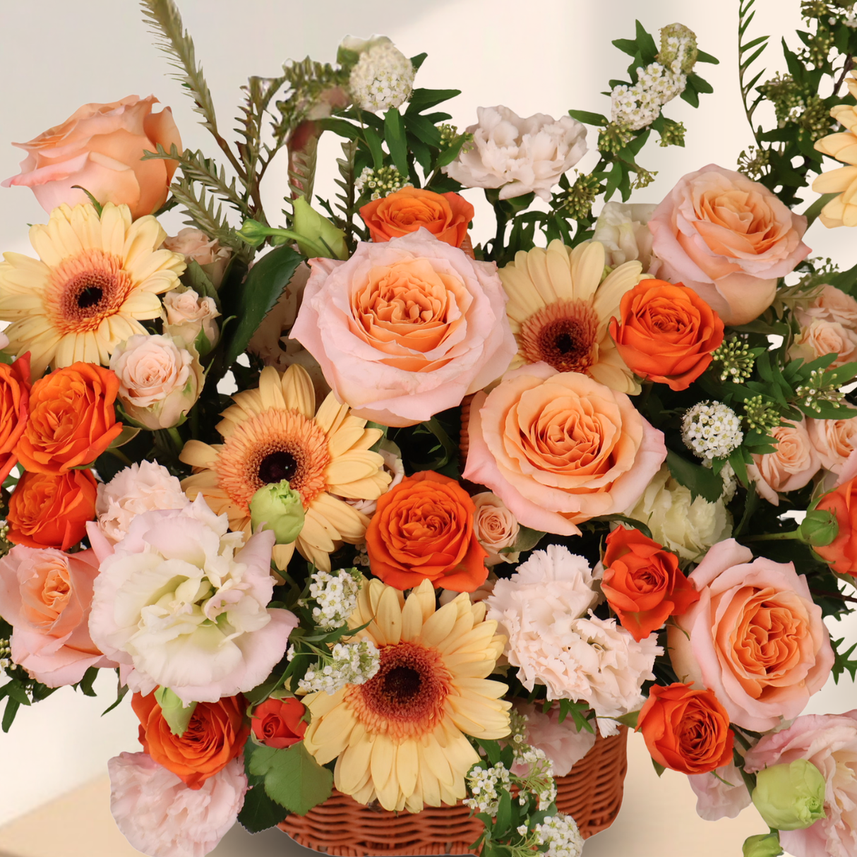 Tender Warmth (Rose, Carnation, Gerbera, Eustoma) - Flower Basket