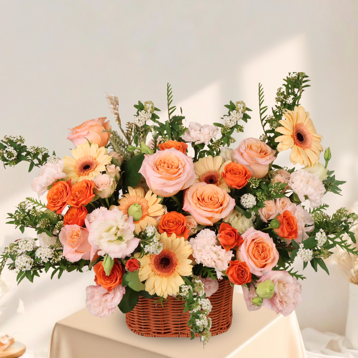 Tender Warmth (Rose, Carnation, Gerbera, Eustoma) - Flower Basket